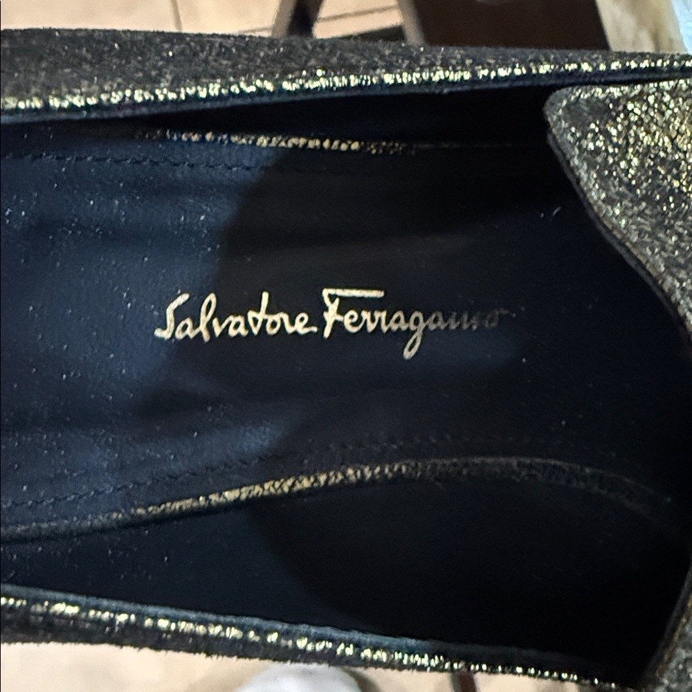 Ferragamo Gold Lana Loafers Gancini Square Toe 7.5B". - Picture 6 of 8